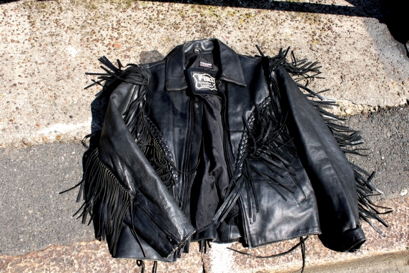Biker leather moto jacket with fringes size L 