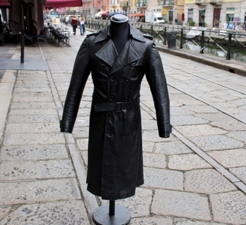 Cappotto trench pelle doppiopetto vintage nero tag