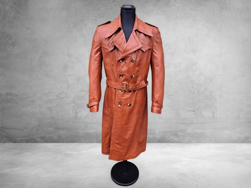 Cappotto trench pelle doppiopetto vintage marrone 