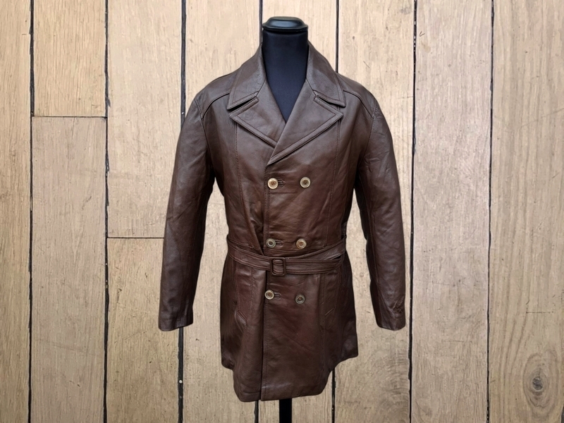 Trench pelle corto marrone doppiopetto vintage tag