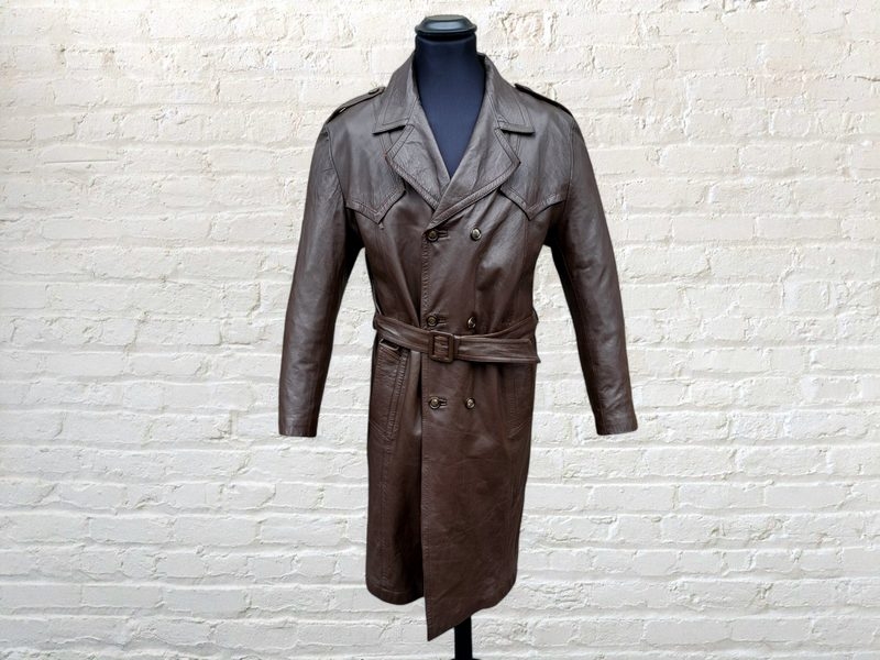 Trench pelle vintage marrone doppiopetto taglia L 