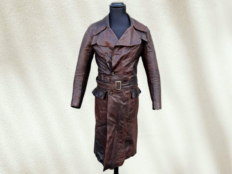 Trench cappotto pelle vintage marrone cuoiato tagl