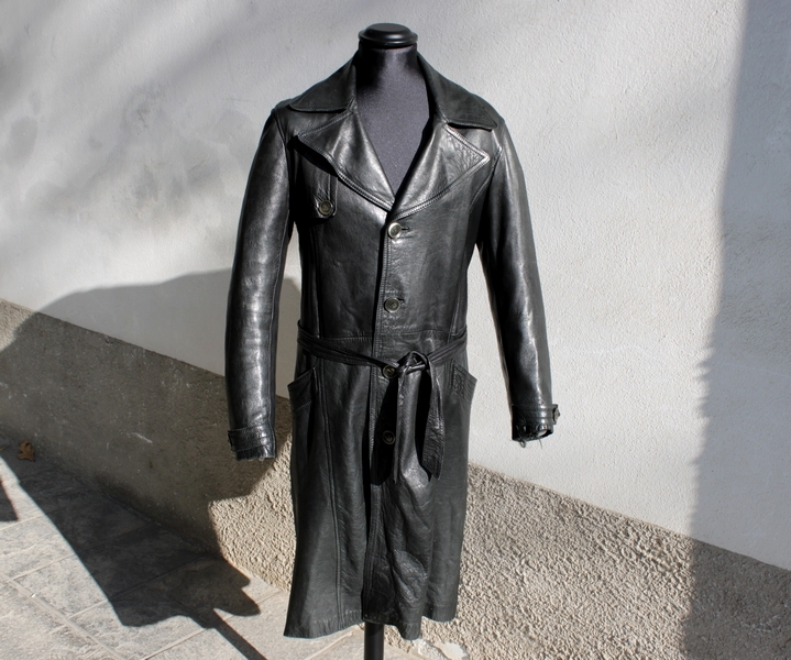 Trench pelle vintage nero anni 70 monopetto taglia