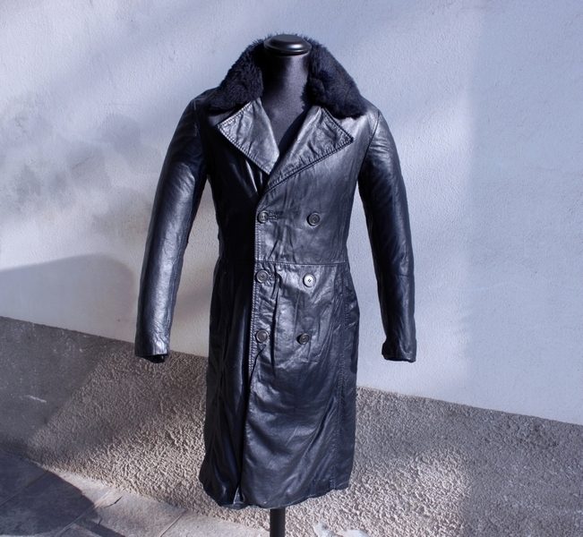 Trench pelle blu notte vintage con collo in pellic