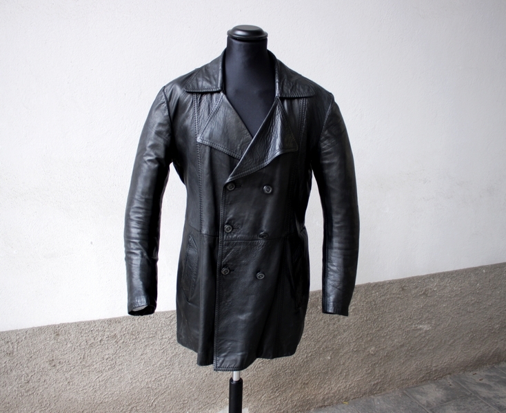 Trench pelle nero doppiopetto corto vintage uomo