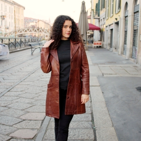 Vintage leather trench coat size M tobacco brown