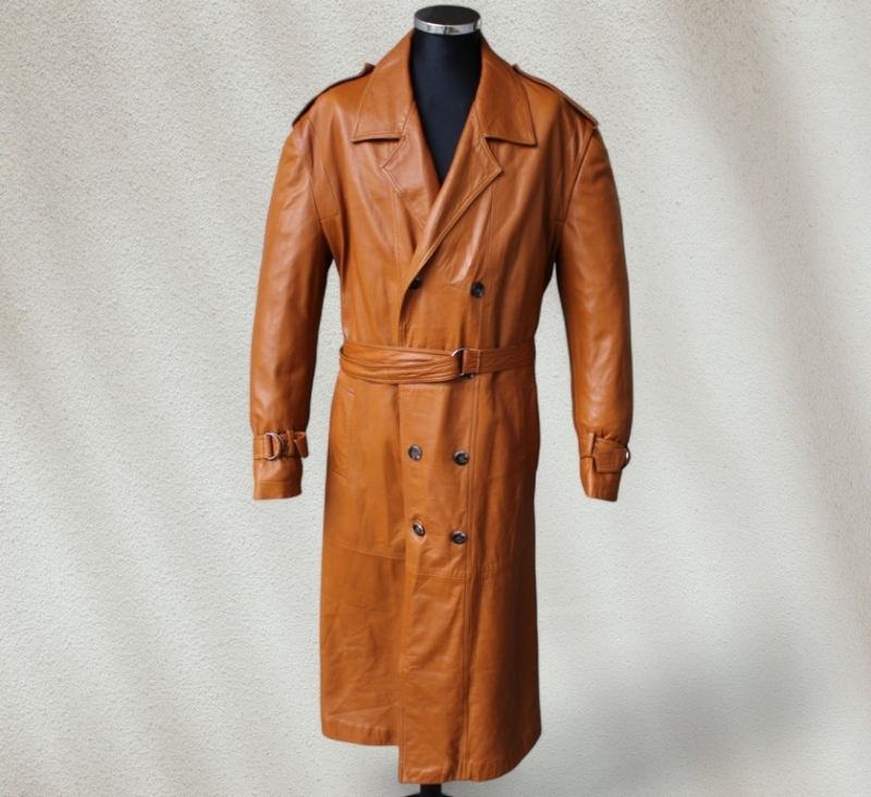 Cappotto trench pelle doppiopetto vintage marrone 