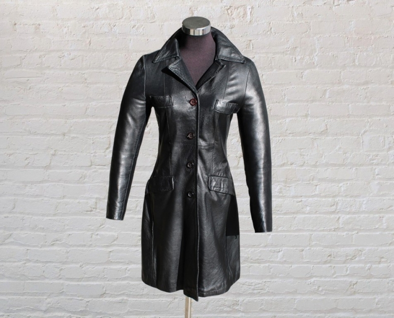 Trench pelle monopetto nero donna vintage taglia S