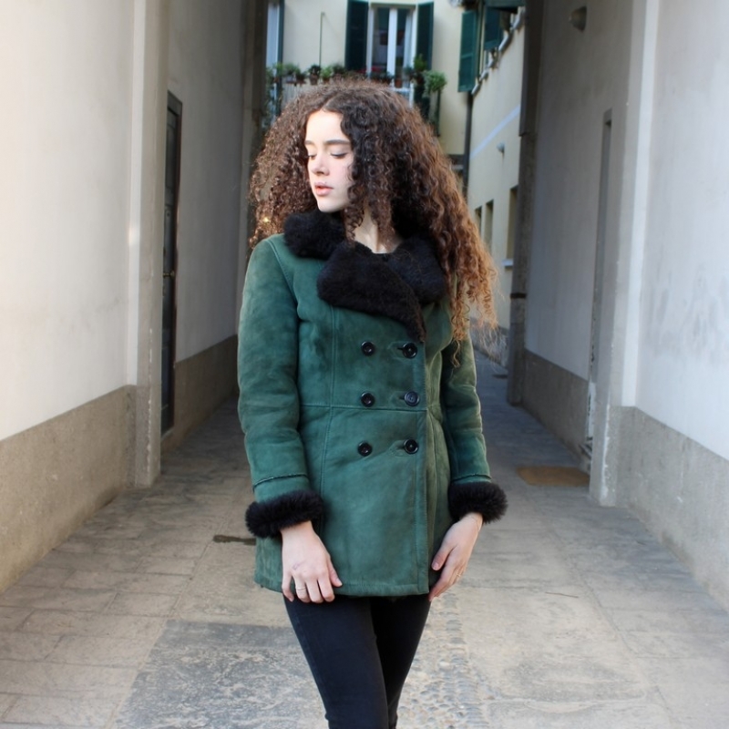 Cappotto pelle verde montone shearling vintage tag